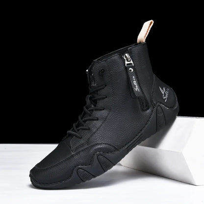 New 2025 Handmade Casual Shoes Men Sneakers Ankle Boots Leather Side Zipper Comfortable Breathable Anti-Slip Outdoor Walking