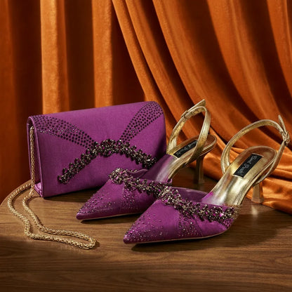 2026 Italian Inspired Gold Rhinestone HAND CRAFTED UPPER Pointed Toe Women High Heels Shoes and Bag Set Elegant Party Shoes