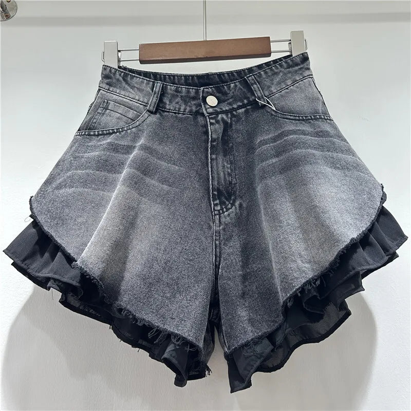 New Fashion Women's Patchwork Hem Wash Denim Shorts 2025 Summer Trendy High Waist A-line Short Pants Female 1LS1393