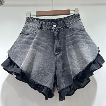 New Fashion Women's Patchwork Hem Wash Denim Shorts 2025 Summer Trendy High Waist A-line Short Pants Female 1LS1393