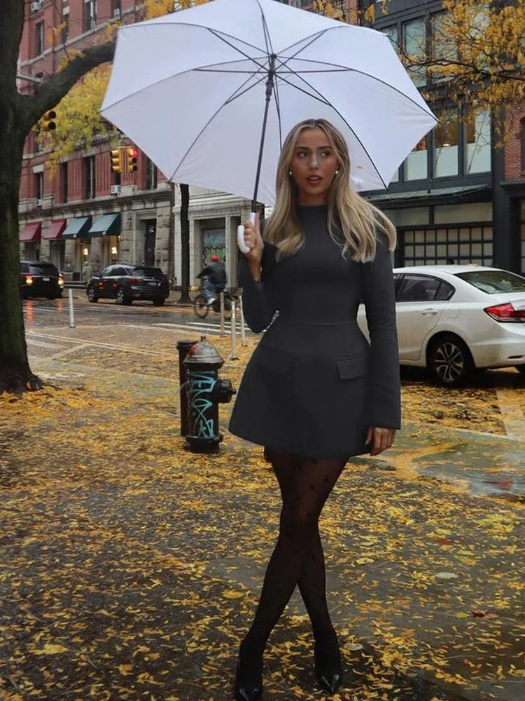 Long Sleeves Zipper Bodycon Mini Dress With Pocket Solid Elegant Outfit Office Streetwear Women’S Autumn Winter Clothes