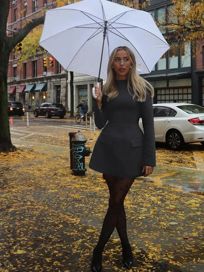 Long Sleeves Zipper Bodycon Mini Dress With Pocket Solid Elegant Outfit Office Streetwear Women’S Autumn Winter Clothes