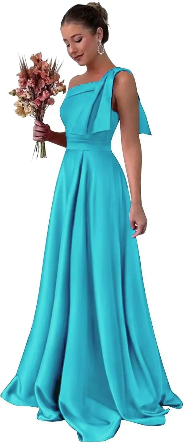One Shoulder Large Bow Bridesmaid Dress with Pleated Satin and Pockets Simple ,Stylish Ball Dressadies' Guest One Shoulder Dress