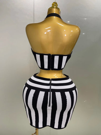 2025 New Women Celebrity Sexy Jacquard Black White Two Piece Bodycon Striped Bandage Skirt Set Designer Evening Party Dress