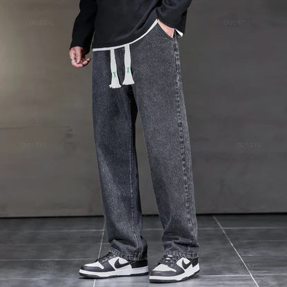 2025 New Autumn Winter Jeans Men Loose Straight Drawstring Elastic Waist Casual Denim Trousers Male Thick Pants Large Size M-5XL