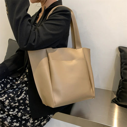High Quality Soft Leather Woman Casual Tote Shopper Solid Color Handbags Large Capacity Single Shoulder Bag with Outer Pocket