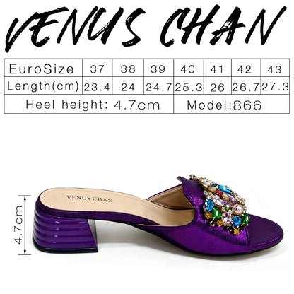2026 Italian Luxury Dark Purple Rhinestone Sandals Matching Bag Set Women Peep Toe Block Heel Mules Ladies Evening
