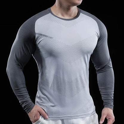 Autumn Winter Men Gym Fitness Display Long Sleeve T-Shirt Crew Neck Elastic Moisture Wicking Tights Running Training Bottom Top