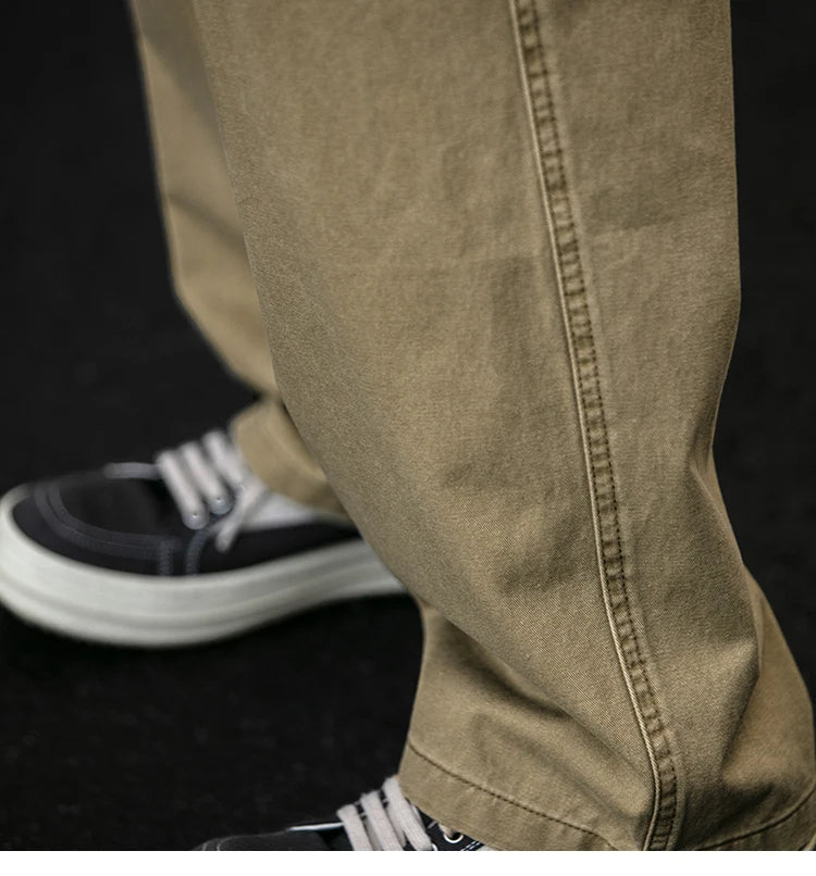 Spring Summer Cargo Pants Men Cotton Enzyme Wash Distressed Loose Fit Straight Leg Khaki Drawstring Elastic Waist Casual Pants