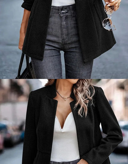 Commute Style Simple Design Woolen Suit Coat Pink Lapel Open Cardigan Short Length Polyester Fiber Women's Fashion Outerwear
