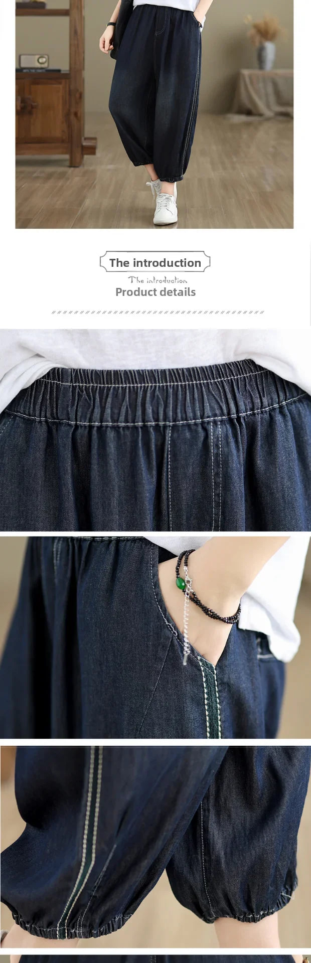 Retro Full Cotton Waed Denim Pants Women Summer Elastic Waist Thin Slimming Lantern Pants Marked Line Nine Points Harlan Pants