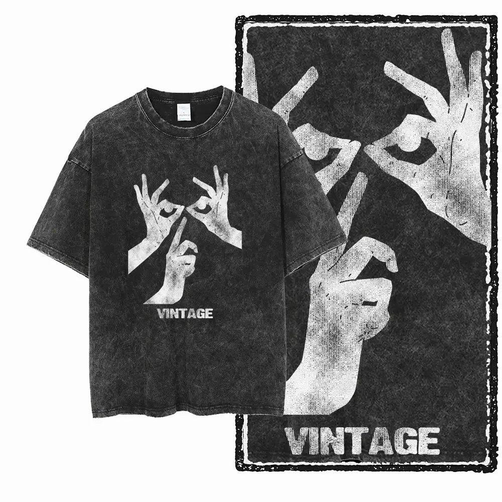 G58 Acid Washed Black Cotton Vintage Creative  Graphic Men T-shirt |  Streetwear Big Size Cool O-neck men's Tee Tshirt