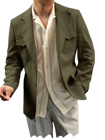 Classic Men's Linen Blazer Notched Lapel Slim Fit Breathable Elastic Suit Jacket with Flap Pockets for Wedding Prom Daily Wear