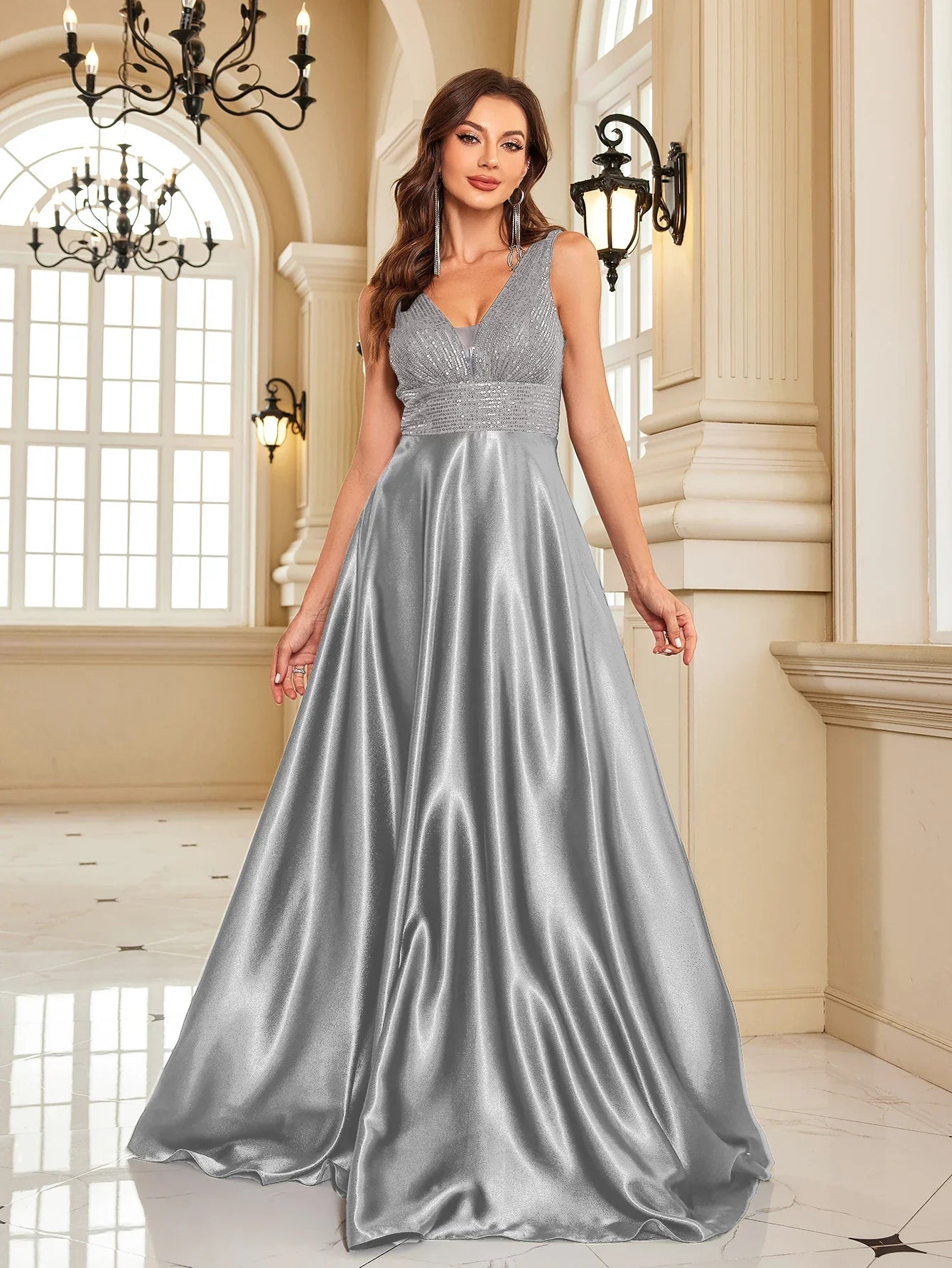 Elegant Sequins Evening Dress For Women 2024 Deep V-neck Satin Prom Party Green Dress Floor Length Blue Formal Gowns