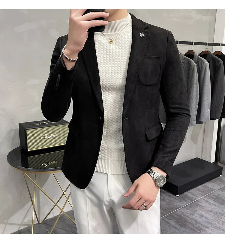 Deerskin Leather Jacket Blazer Men Casual Slim Fit Blazer Hombre Suit Leather Jacket Men Terno Masculino Men Clothing 6 Color
