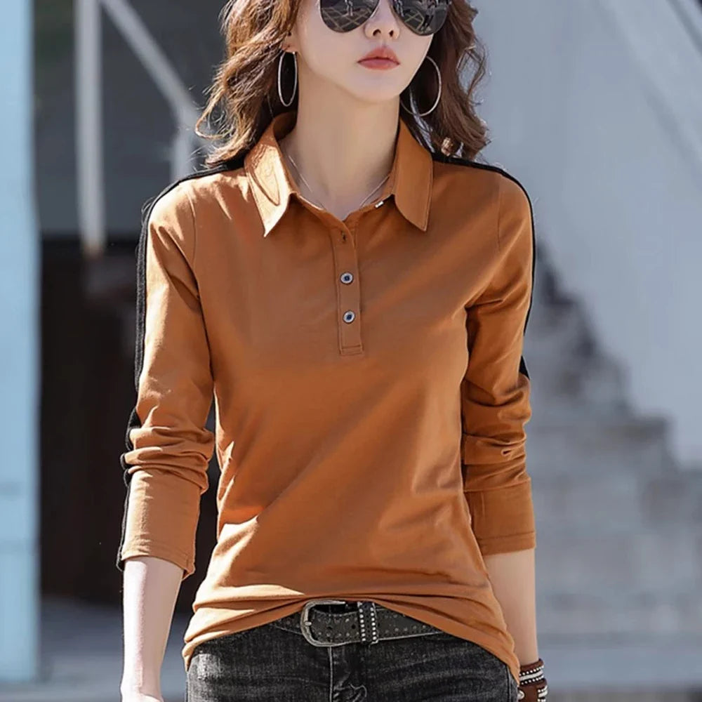 European Station Long sleeved T-shirt Women's Summer New Fashion Light Luxury Pure Cotton Polo Neck Casual Large Size Loose Top