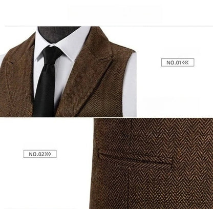 Men's Suit Vest Slim Fit Herringbone Pattern Mail Waistcoat Flip Tie Pocket Vest Business Banquet Wedding Groomsman Dress Vests