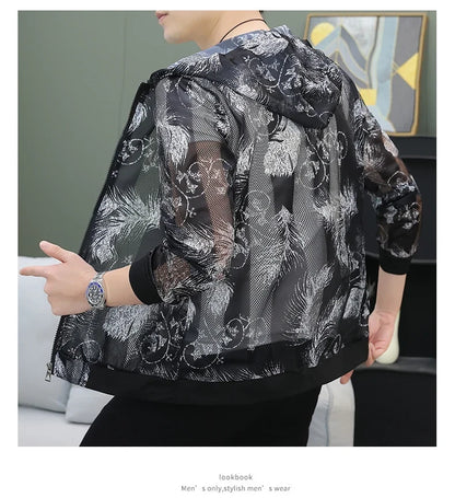 Men's Summer Mesh Sun Protection Clothing Trendy Stripe Print Ice Silk Cool Feeling Breathable Quick Dry Hooded Jacket
