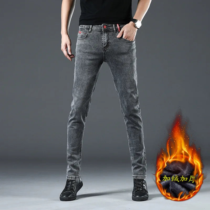 Winter Thick Plus Velvet Men Middle Waist Skinny Jeans Simple Fleece Warm Slim Fit Stretch Boy Casual Denim Pencil Pants
