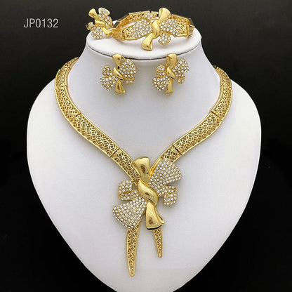 Italy 18k Gold Plated Women Jewelry Set Classic Design Bowknot Necklace Earring Bracelet And Ring 4PCS Set Jewelry Wedding Party