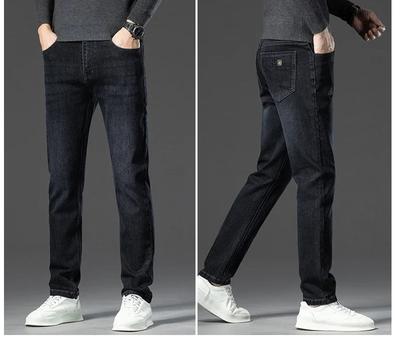 Winter Classic Business Men's Fleece Warm Jeans Straight Stretch Casual Thicken Denim Trousers Washed Fashion Velvet Male Pants