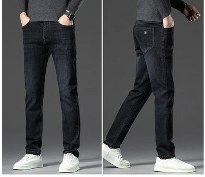 Winter Classic Business Men's Fleece Warm Jeans Straight Stretch Casual Thicken Denim Trousers Washed Fashion Velvet Male Pants