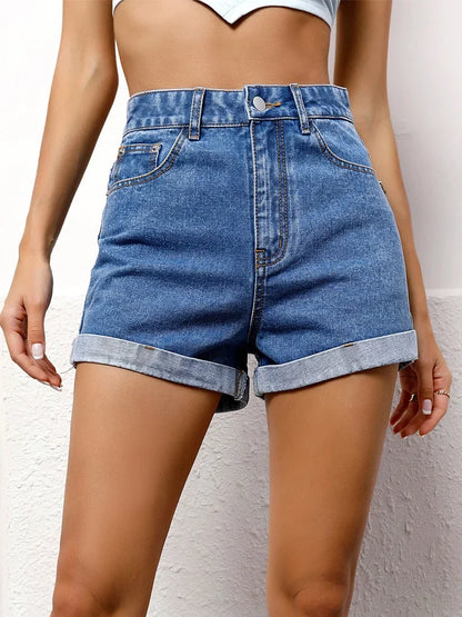 Zipper Fly Roll Up Hem Denim Shorts Women Fashion Summer High Waist Pockets Female Straight Leg Jean Shorts For Woman