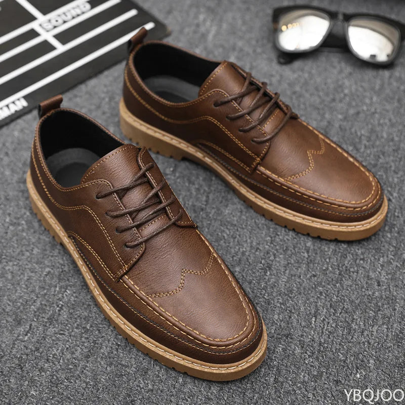 Men's Casual Leather Shoes Trendy Summer Breathable Black Work Shoes Casual Classic Fashion Formal Comfortable Flat Shoes