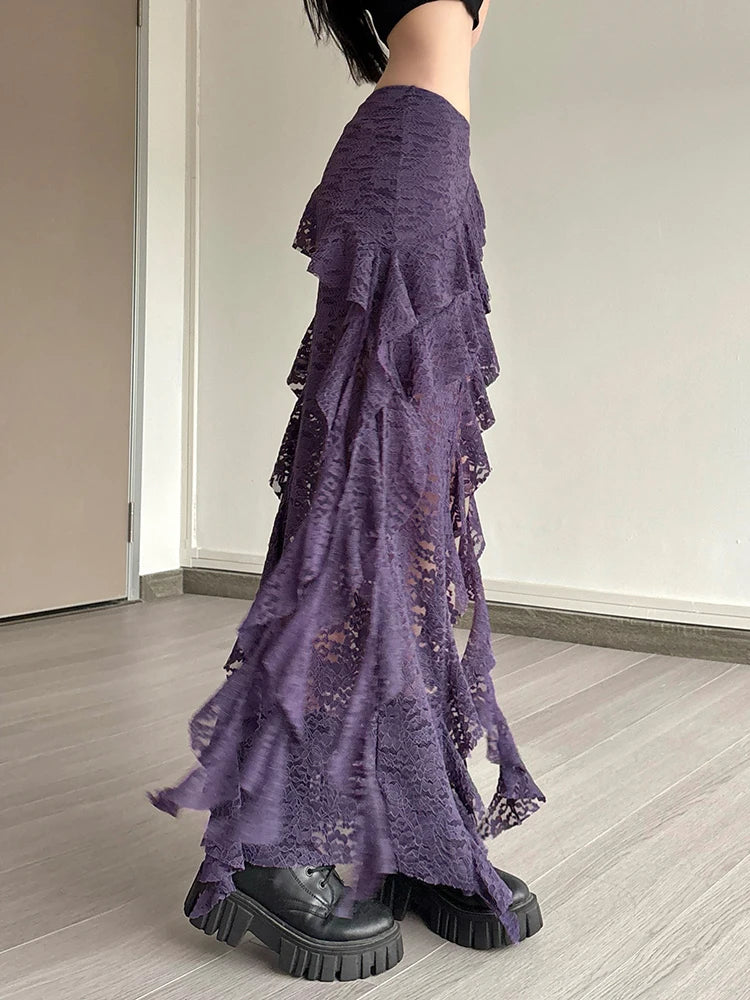 Women Tassel Skirt Irregular Hem Multi Layered Ruffles Lace Patchwork Sweet Summer Daily Wear Skinny Versatile Purple Skirt