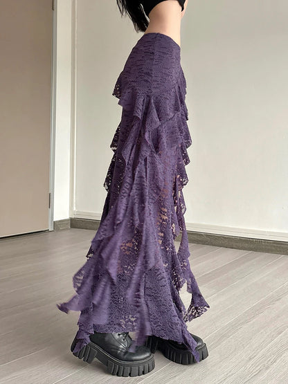 Women Tassel Skirt Irregular Hem Multi Layered Ruffles Lace Patchwork Sweet Summer Daily Wear Skinny Versatile Purple Skirt