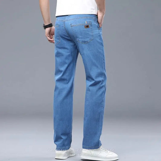 Summer Thin Men's Elastic Cotton Jeans Fashion Business Straight Casual Denim Pants Male Work Clothes Slim Trousers Plus Size 40