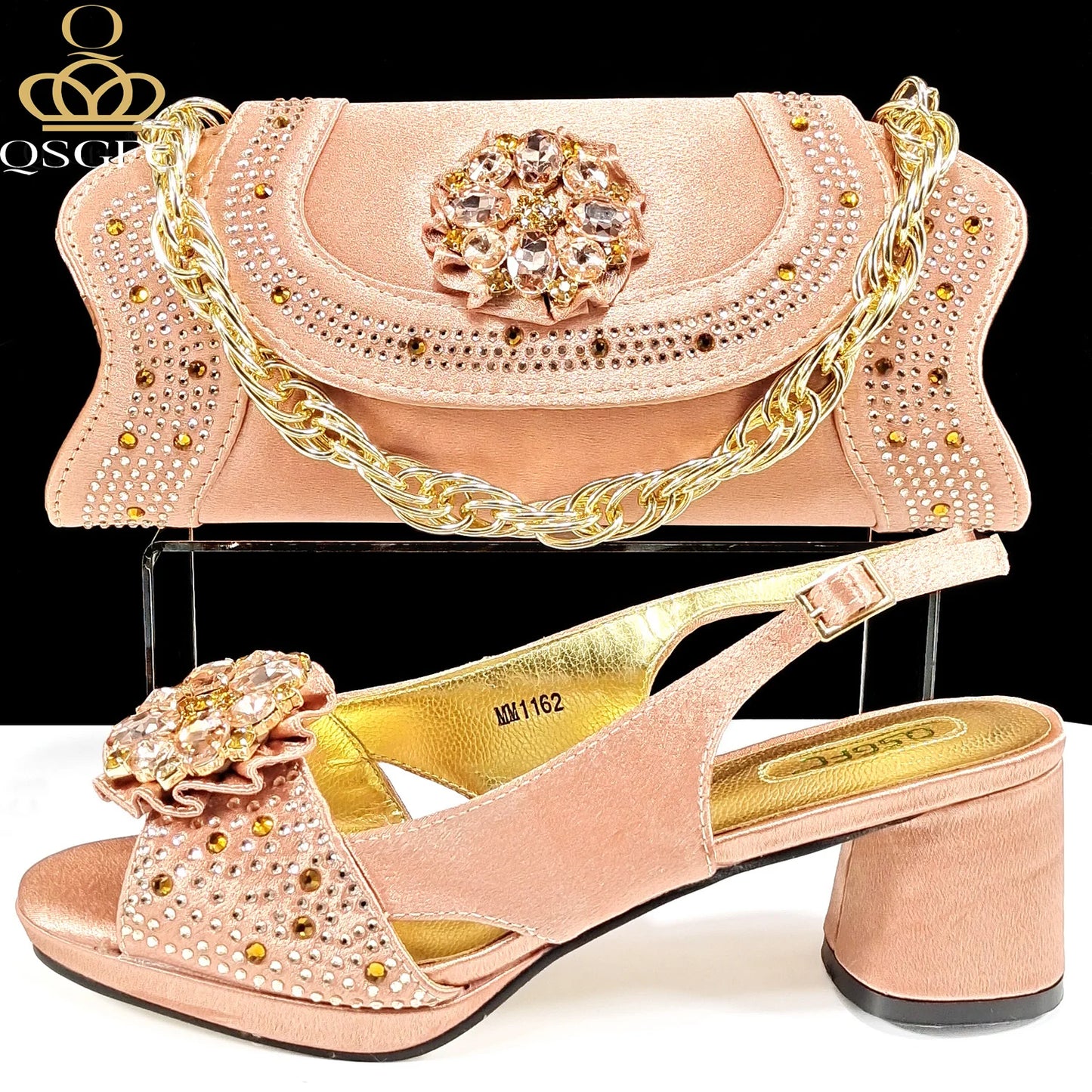 Open Toe Women Heels for 2024 Elegant Party Olive Color Diamond Pumps Italian Shoes and Bags Matching Set