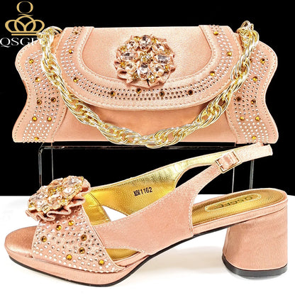 Open Toe Women Heels for 2024 Elegant Party Olive Color Diamond Pumps Italian Shoes and Bags Matching Set