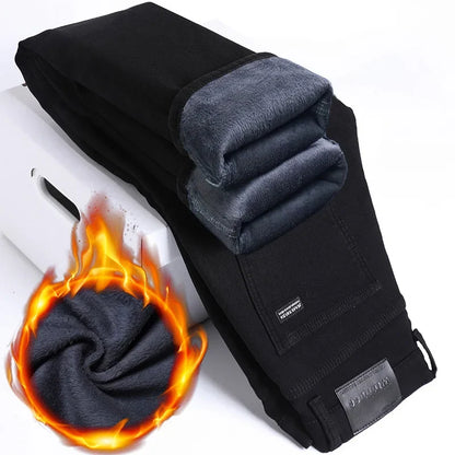 2025 New Winter Pure Black Fleece Thick Warm Jeans Men's loose Straight Elastic Denim Pants classics Casual Plush Trousers
