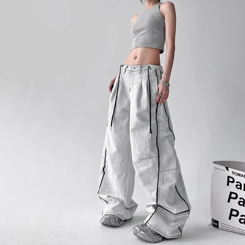 Korean High Street Hip-Hop Wide Leg Pants Women'S Jeans Striped Color Blocked Casual High Waisted Loose Straight Leg Pants