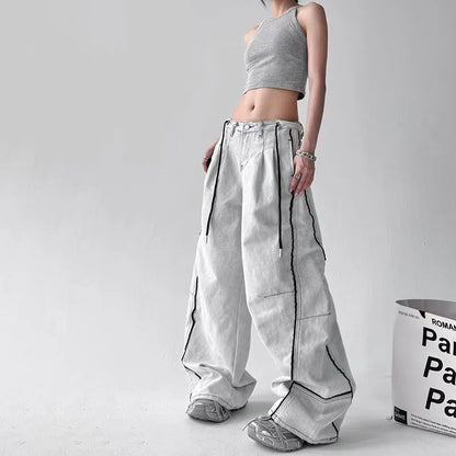 Korean High Street Hip-Hop Wide Leg Pants Women'S Jeans Striped Color Blocked Casual High Waisted Loose Straight Leg Pants