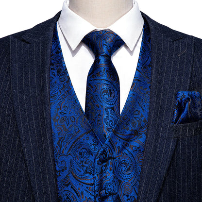Navy Subtle Paisley V-Neck Vest Accessory Set Tie Pocket Square Cufflinks For Corporate Ceremony Banquet