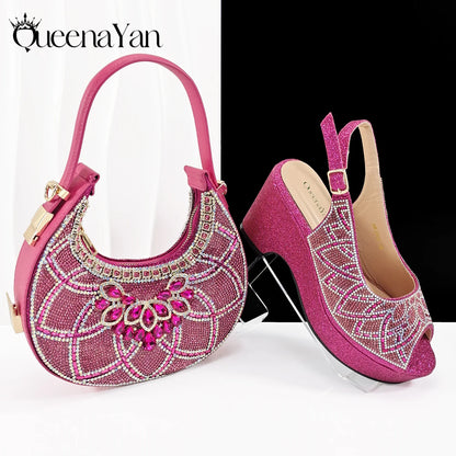 Sky Blue Elegant Nigerian Rhinestone Wedding Shoe and Bag Set Italian Inspired High Heels and Matching Handbag