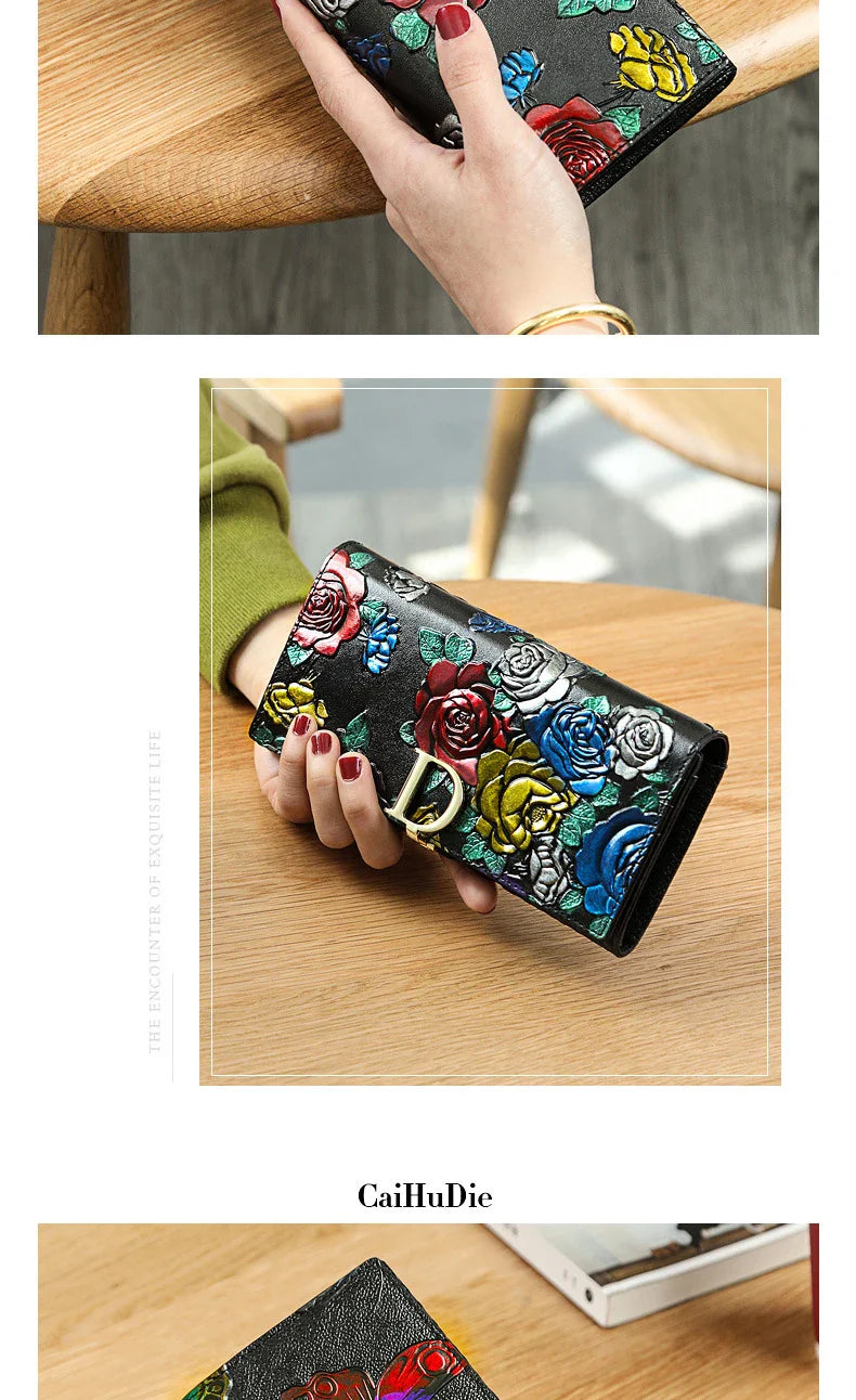 2025 New Genuine Leather Purse Wallet Female 3D Embossing Ladies Personality Retro Long Clutch Wallet Women Purse Coin Holders