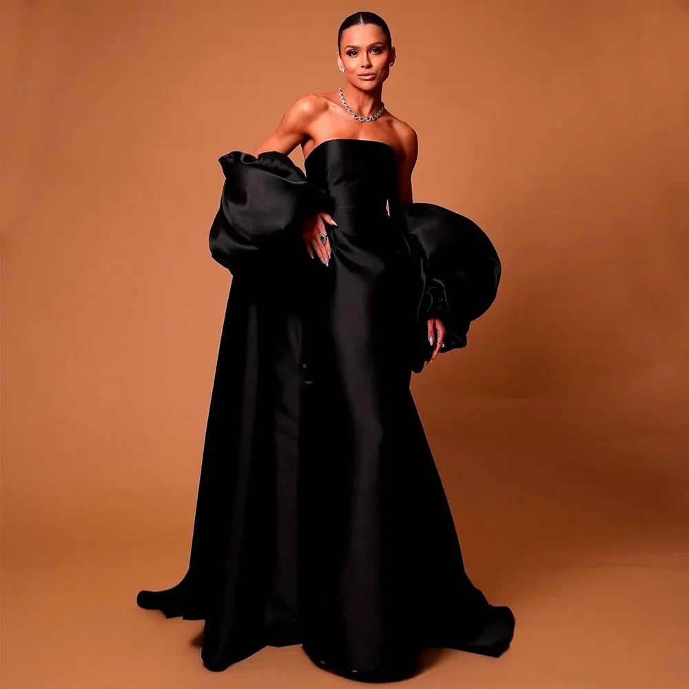 Black Satin Evening Dresses for Women 2025 Puffy Sleeves Wrap Elegant Formal Party Gowns Long Strapless Column Luxury Prom Dress