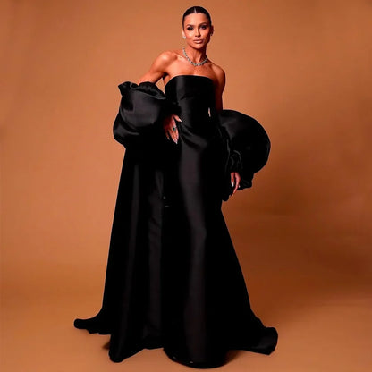 Black Satin Evening Dresses for Women 2025 Puffy Sleeves Wrap Elegant Formal Party Gowns Long Strapless Column Luxury Prom Dress