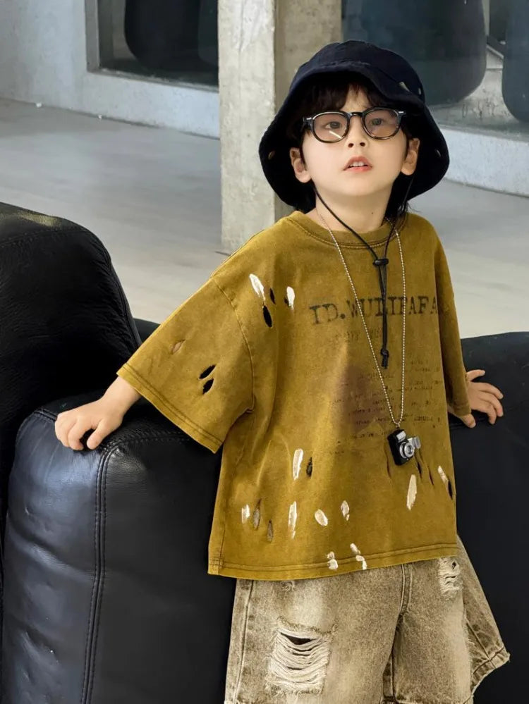 2026 Summer New Boys' Distressed Tie Dye Short Sleeved T-Shirt Junior Sizes Stylish Trendy Kids' Apparel