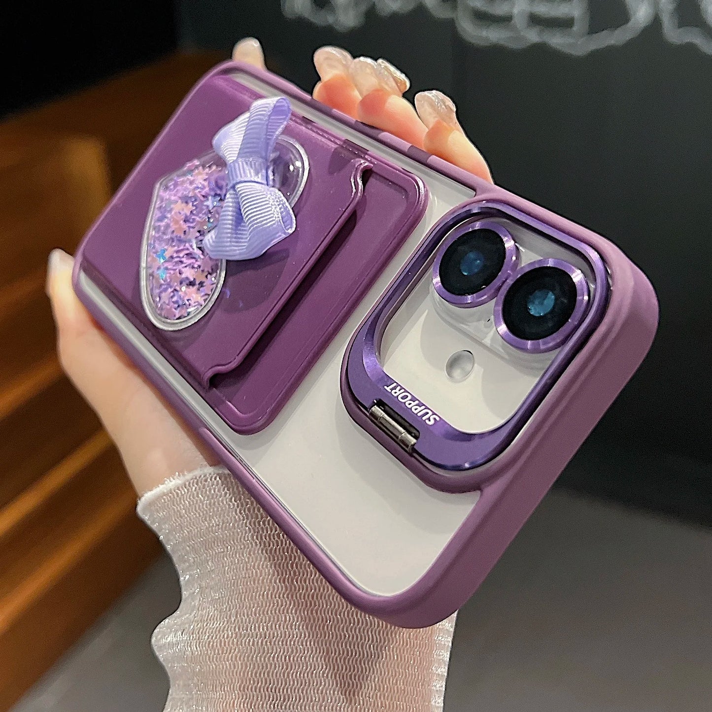 Luxury Metal Stand Exquisite Heart Card Bag Shock Proof Case for iPhone 17 16 15 14 13 12ProMax Plus Send camera protective film