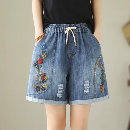 Embroider Shorts Jean For Women Summer Japanese Style Ethnic Elastic Waist Blue Flowers Embroidery Denim Shorts y2k