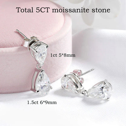 Double Water Drop All Moissanite Drop Earrings for Women Pear Cut Classic Wedding Bridal Jewelry S925 Sterling Silver