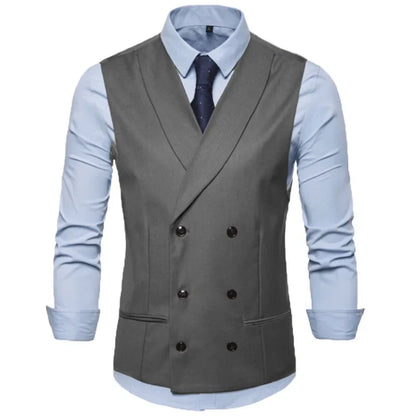 Men Vest Black Solid With Lapel Double Button Waistcoat For Regular Slim Wedding Banquet Business Work Men Suit Vest