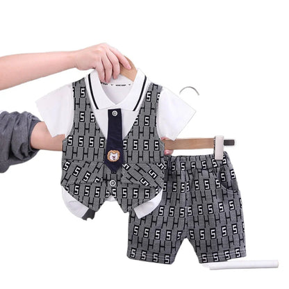 Children Boys Cotton Clothes Outfits Gentleman Tie Patchwork Vest T-Shirt 2pcs/Set Toddler Kids Clothing Sets Suit 0-5 Years