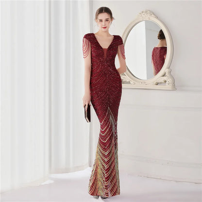 Elegant V Neck Mermaid Evening Dress Long Luxury Beads Women Evening Party Dresses 2025 New Formal Dress 19085