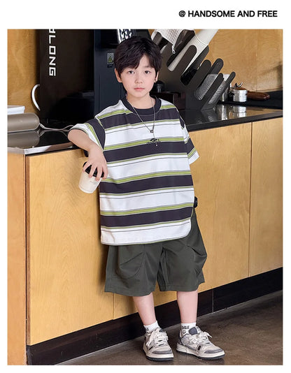 New Arrival Stylish Kids Summer Striped Suit for Teenage Boy Fashion Street Clothing Children Casual T-shirt Shorts 2PCS Set