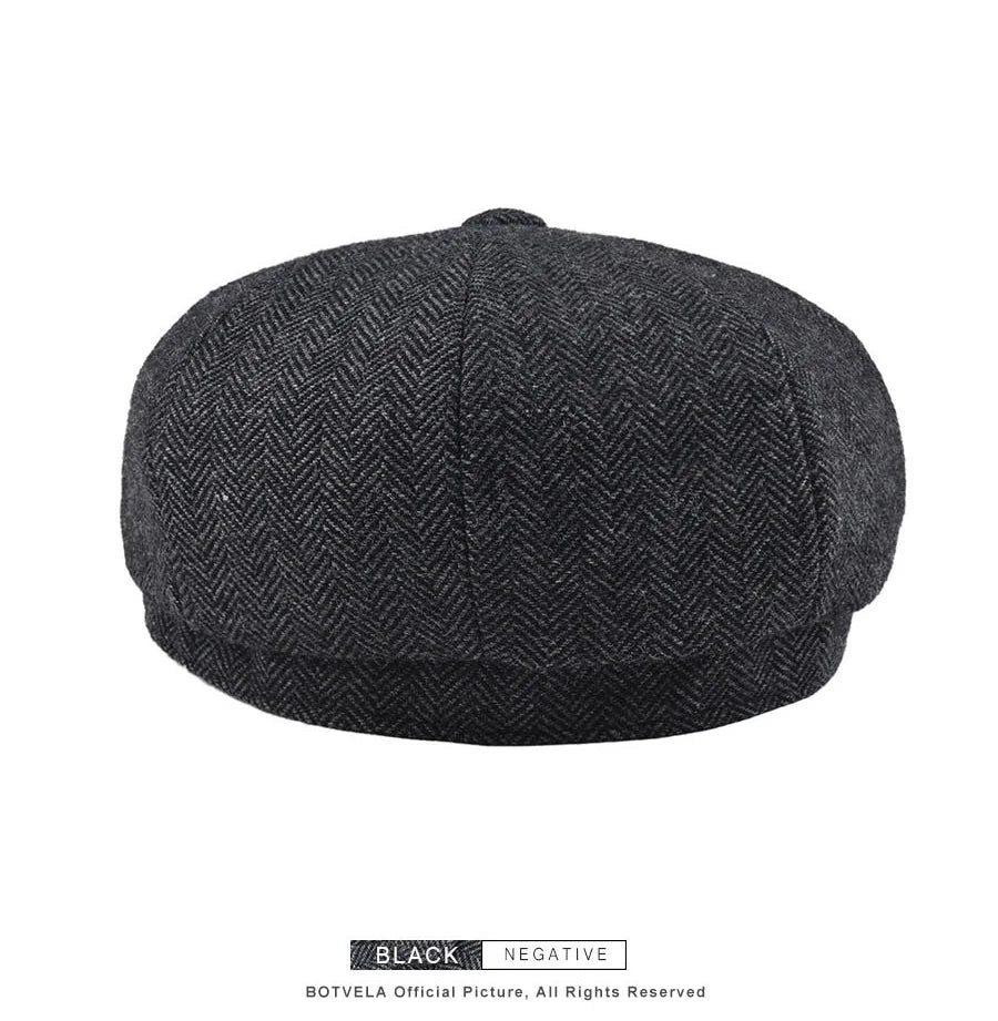 Wool Tweed Newsboy Cap Herringbone Men British Gatsby Retro Hat Driver Flat Cap for Male Vintage Herringbone Beret